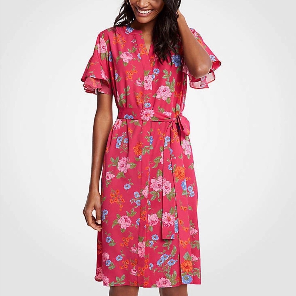 Ann Taylor Baja Rose Island Pink Floral Flutter Sleeve Shirtdress Small Petite